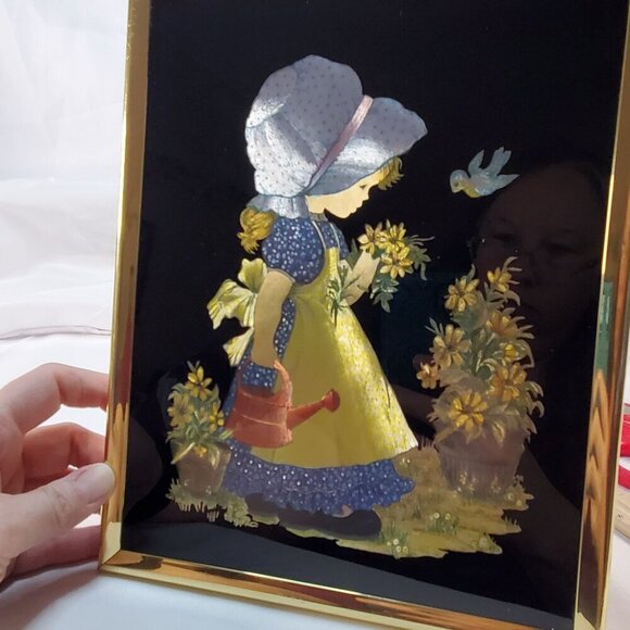 VTG 1951 Holly Hobbie Foiled Picture Tinsel Wall Art With Gold Frame Americana - Picture 6 of 16